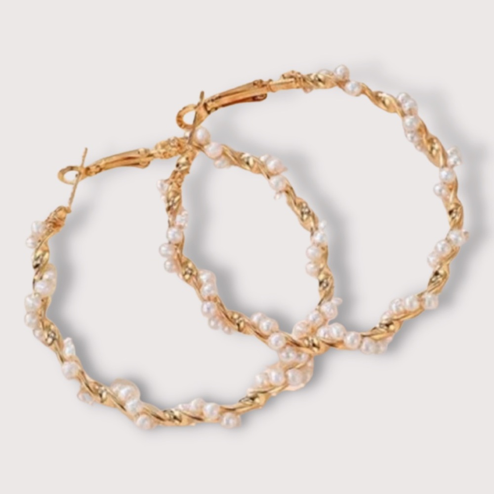 Chic Faux Pearl Beaded Twist Hoop Gold Earrings